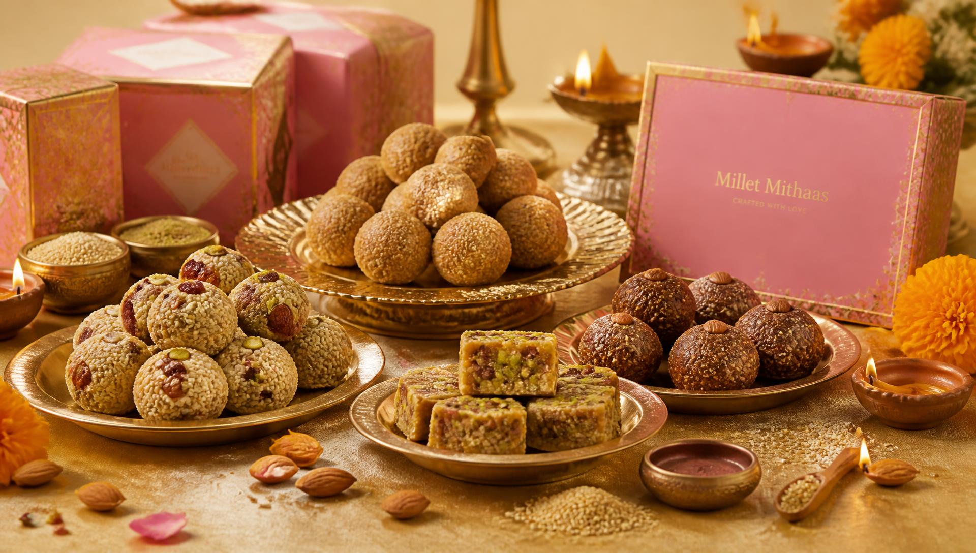 Premium Indian festive millet mithai with diyas, marigolds and gift boxes